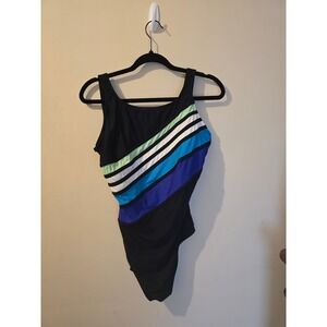 Vintage Colorblock Striped One Piece Swimsuit Black Blue Green Athletic Swimwear